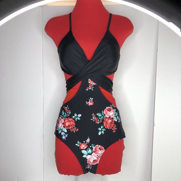 NWT CUPSHE Black Floral Wrap Cutout 1 Piece Bathing Suit Swimsuit Sz S Tie Back - Picture 3 of 14